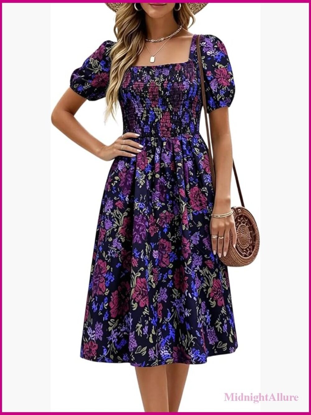 Midi Dress Puff Sleeve Square Neck Smocked Cocktail Party Wedding Guest Casual